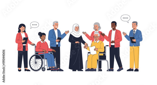 Diverse group of people with different abilities and cultural backgrounds standing together in unity and solidarity with a sense of community and inclusion on a white background.
