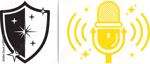 A black and white shield icon with a glistening star center, paired with a bright yellow microphone emitting sound waves and magical sparkles, representing secure and high-quality audio recording.