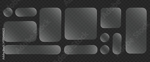 A 3d liquid glass ui design elements. Realistic transparent glass effect round square buttons with matte effect and shade. Menu bars for smartphone ui screen web app. Vector isolated glass set