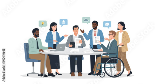 Diverse team collaborating around a table with a person in a wheelchair, conveying unity and inclusion in a modern office setting with a clean white background.