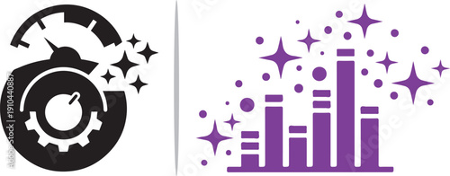 A black gear-style speed gauge icon paired with a purple bar chart equalizer, both featuring magical sparkles to represent performance tuning, data optimization, and creative audio processing.
