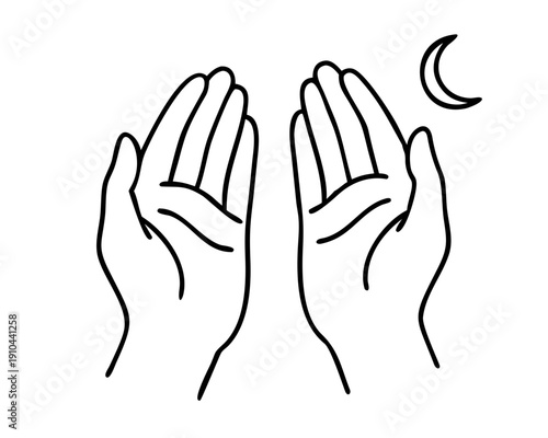 Continuous one-line vector drawing of hands held in prayer (Dua) with a small crescent moon, minimalist black and white, clean aesthetic.