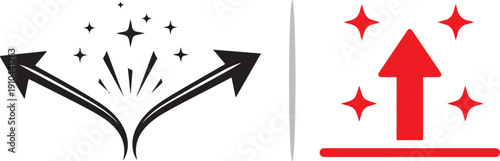 A black and white vector graphic of curved arrows diverging with sparkling stars, paired with a bold red upward arrow and diamond glimmers symbolizing growth and direction.