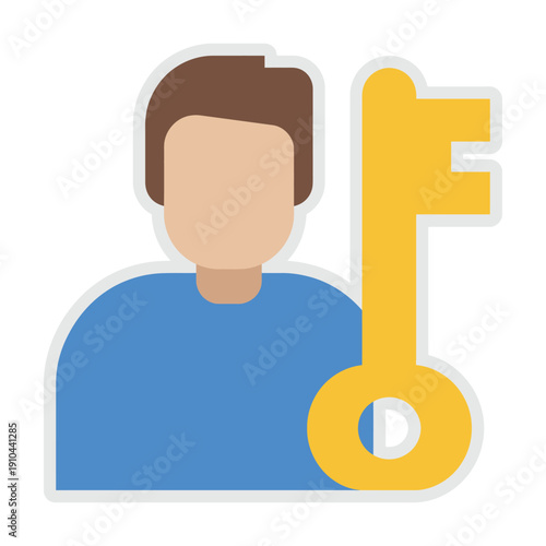 Flat design of a man with a large key  symbolizing access or security icon