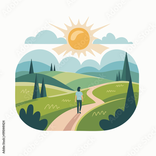 Man walking on a winding road through green hills towards sunny landscape