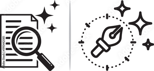 A technical vector set: a magnifying glass inspecting a document with sparkles alongside a fountain pen nib centered in a dotted circle, representing meticulous editing and precision writing.