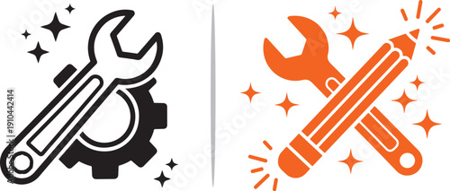 A technical vector set: a black wrench and gear with sparkles paired with a bright orange wrench and pencil crossed in an "X" shape, symbolizing creative maintenance and engineering.