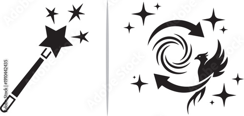 A black vector set featuring a star-tipped magic wand emitting sparkles alongside a phoenix rising within a circular refresh symbol, representing magical transformation and rebirth.