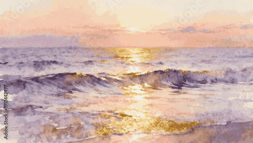 Sunrise Ocean Glow Golden Waves : Dawn at Sea isolated watercolor vector illustration svg