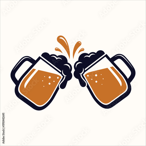 Two beer mugs in dark blue and orange clinking with a splash of foam and orange liquid.