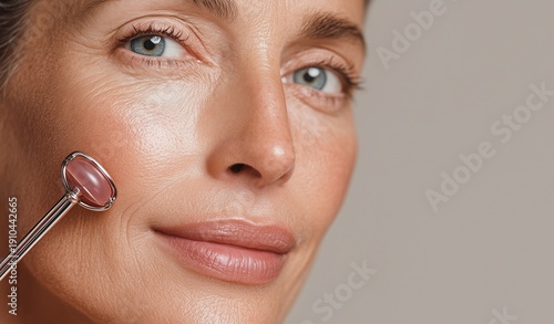 Rose quartz facial roller massaging female cheek for natural skincare and anti aging beauty routine