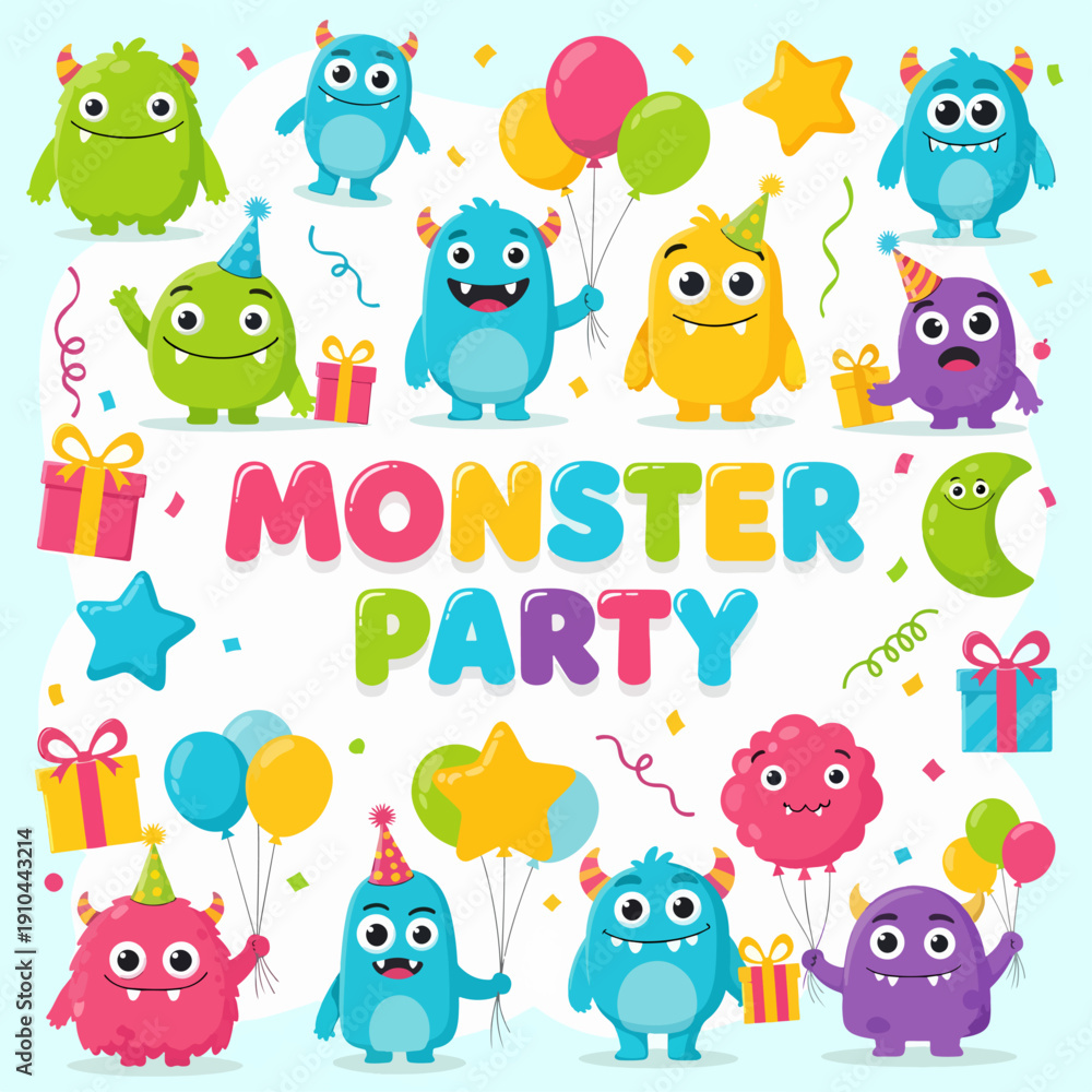 Naklejka premium Fun Monster Friends Birthday Invitation