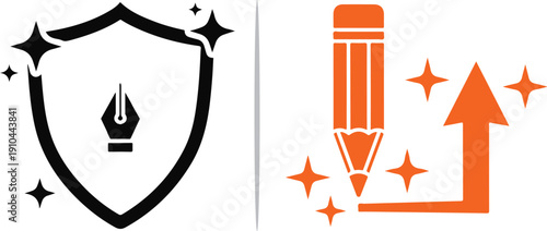 A vector set featuring a black shield with a fountain pen nib and stars, alongside an orange pencil drawing a rising arrow, representing secure design and creative growth.