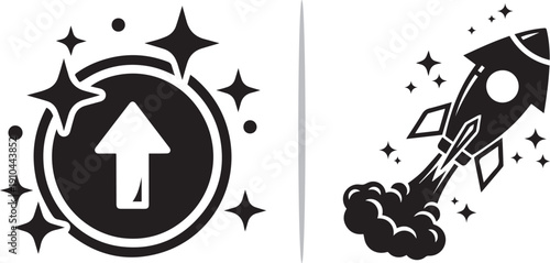 A black and white vector set featuring a glowing level-up icon with an upward arrow and a sleek rocket ship launching amidst sparkling stars, symbolizing growth, speed, and success.
