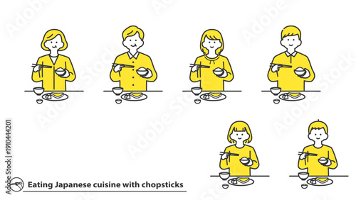 箸で和食を食べる人物　セット　2色