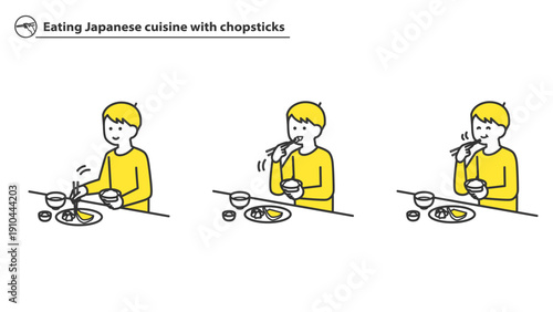 箸で和食を食べる男の子　2色