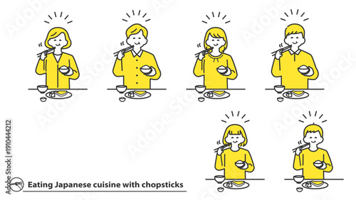 箸で和食を食べる人物　セット　2色