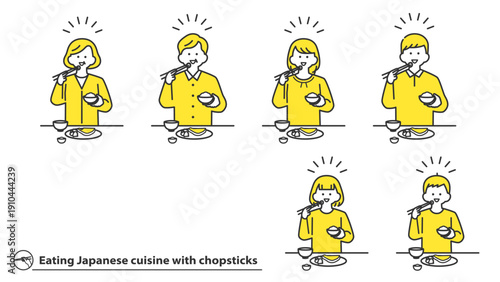 箸で和食を食べる人物　セット　2色
