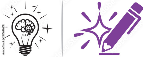 Two minimalist icons side-by-side: a lightbulb containing a brain and gear symbolizing ideation, and a purple pencil with a spark representing creative writing and design.