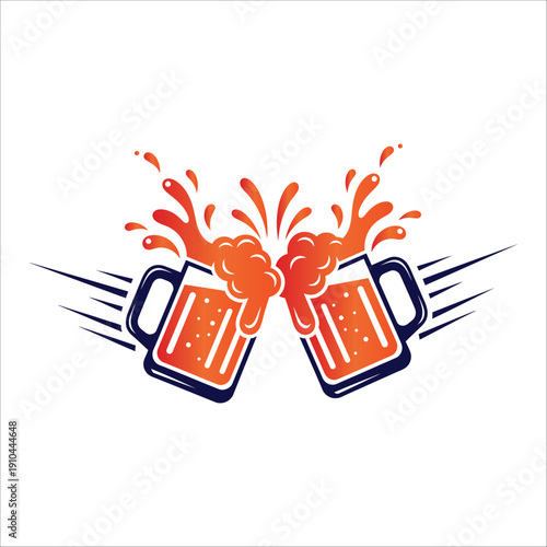 Two beer mugs in dark blue and orange clinking with motion lines and energetic splashes of foam.