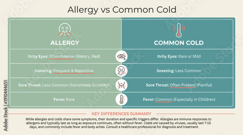 Allergy vs Common Cold Comparison Chart and Concept of Allergy, infographic