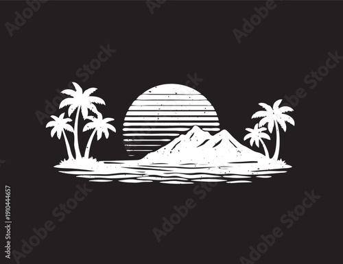 Tropical landscape with palm trees and mountains with retro sun vector on black background white silhouette in chalk and pink sunset vector silhouette