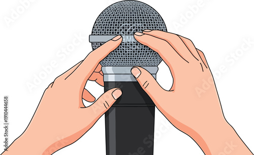 Two hands grasp the metal grille of a black vocal microphone against a white background in a close-up view.