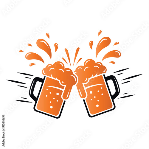Two bright orange beer mugs clinking dynamically with foam splashes and subtle motion lines.