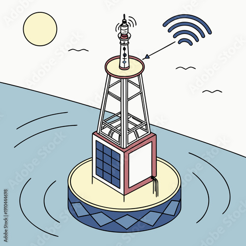 Smart ocean climate monitoring buoy technology, detecting environmental changes and ocean data, flat vector illustration.