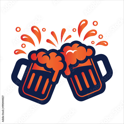 Two dark blue beer mugs with orange gradient beer clinking, splashing vibrant orange foam and droplets.