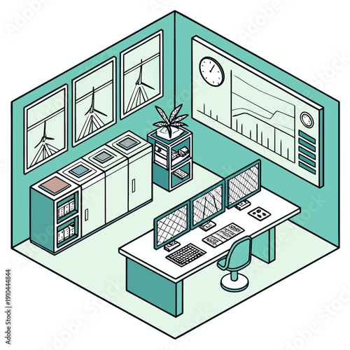 Smart renewable energy control room, modern flat vector illustration for managing clean power systems and a sustainable future.