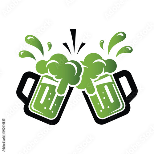 Two dark beer mugs with bright green beer clinking energetically, creating frothy splashes and drips.