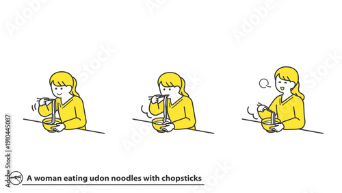 箸でかけうどんを食べる女性　表情バリエーション　セット　2色