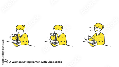 箸でラーメンを食べる女性　表情バリエーション　セット　2色