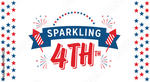 Sparkling 4th of July banner with fireworks and stars, vector illustration for Independence Day celebration or patriotic holiday decoration, overlay effect for website or social media
