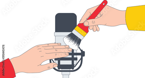 Two hands are shown interacting with a studio microphone, one hand applying a cleaning brush to the pop filter.
