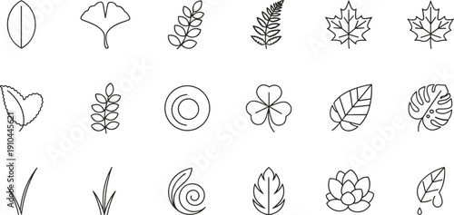 Leaf and Botanical Line Icons Set Nature Foliage Plant Vector Illustration Collection Isolated Design