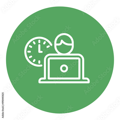 Green circle icon of a person working on laptop with clock icon