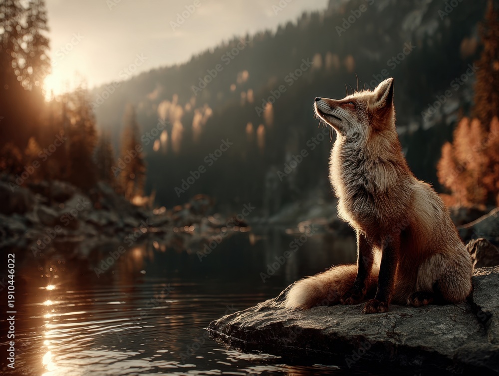 Obraz premium A fox sits beside a lake as the sun sets, creating a peaceful scene of natural light.