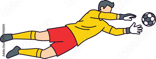 Soccer goalkeeper dives horizontally across the frame attempting to block a moving football with outstretched hands.