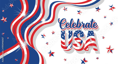 Red, white, and blue patriotic banner with 'Celebrate USA' text, stars, and stripes, vector illustration for Independence Day or patriotic event, overlay effect for website or social media