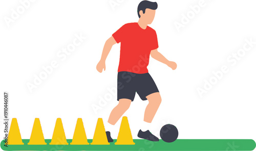 Athlete in a red shirt dribbles a soccer ball past a line of bright yellow training cones on grass.