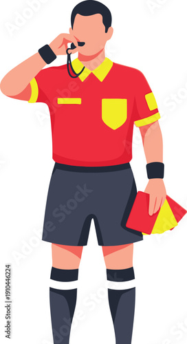 Sports referee dressed in a red shirt blows a whistle while holding disciplinary cards in his hand.