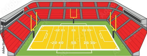 An elevated view of an empty American football stadium featuring bright yellow turf and red seating sections against a white background.