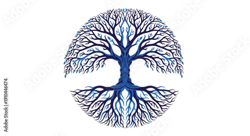 Blue Symmetrical Tree Illustration Showcases Intricate Roots and Leaves on White Background