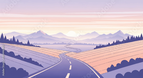 Winding Road Through Pastel Sunset Landscape in Quiet Mountain Sky View