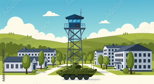 Vector illustration of a military base with a tank and guard tower, representing security and defense