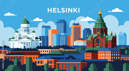 Helsinki city skyline vector illustration with famous landmarks and colorful buildings