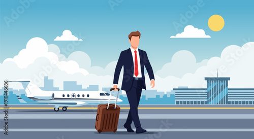 Business man walking with suitcase at airport, vector illustration, jet plane and building