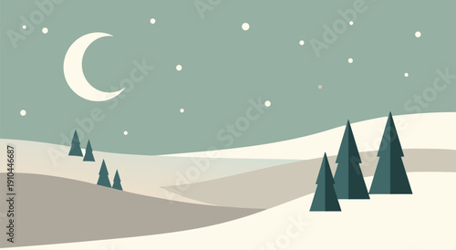 Serene Winter Landscape Vector Illustration with Crescent Moon and Snow-Covered Hills and Trees